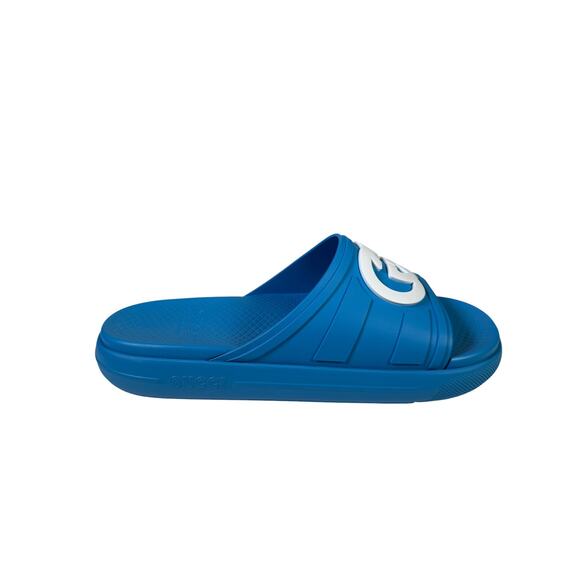 NIB Gucci Rubber Slide Sandals Blue with White GG Logo UK9 US9.5 - Picture 3 of 9